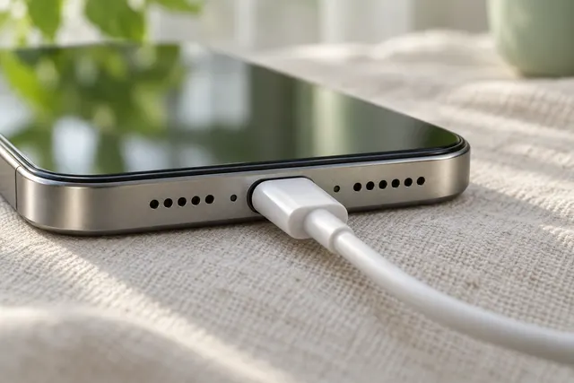 Ladekabel am Anschluss eines Smartphones
