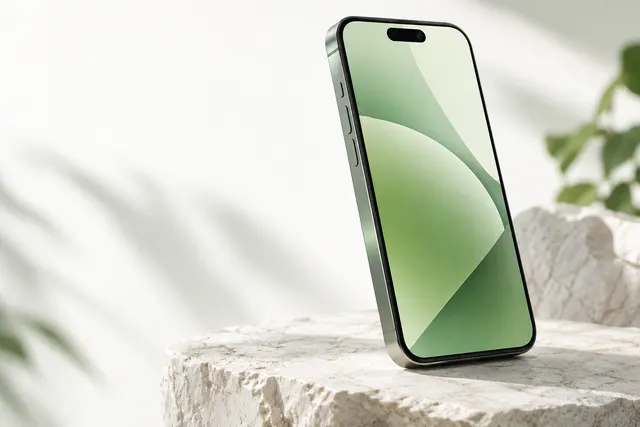 Smartphone mit grüner Oberfläche auf hellem Untergrund